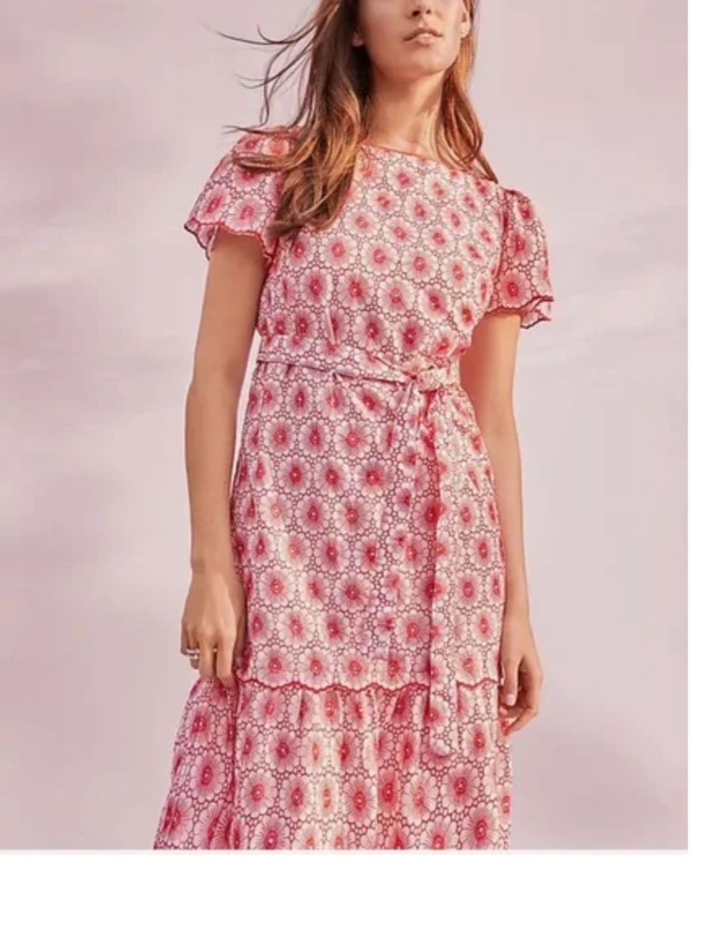 Ann Taylor Red Eyelet Floral Tie-Waist Dress
